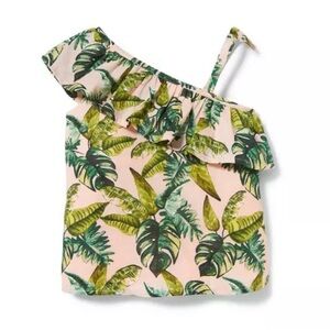 Janie and Jack | Tropical Palm Print Ruffle One-Shoulder Top | Girls 4